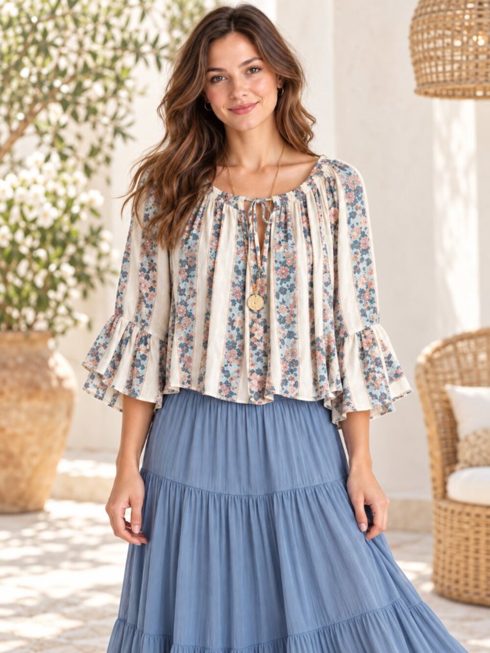 Haute Project Los Angeles Floral Crop Top Womens M Beige Bell Sleeve Hippie Chic
